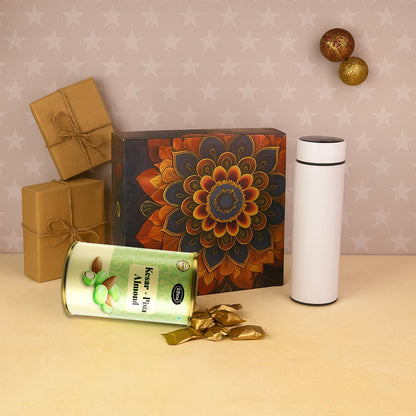Effete Kesar Pista Almonds Gift Hamper, Golden With Bottle (2 Pc Set)