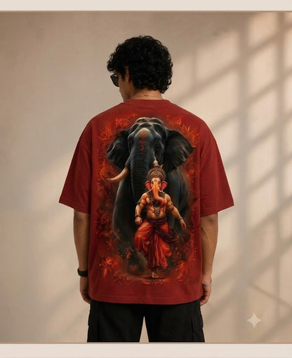 The Warrior Ganesha Oversized Tee – Rust Maroon Edition