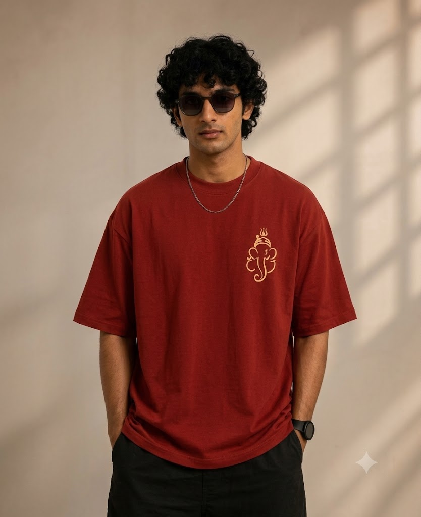 The Warrior Ganesha Oversized Tee – Rust Maroon Edition