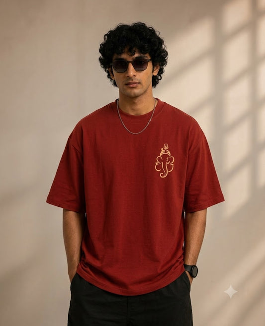 The Warrior Ganesha Oversized Tee – Rust Maroon Edition