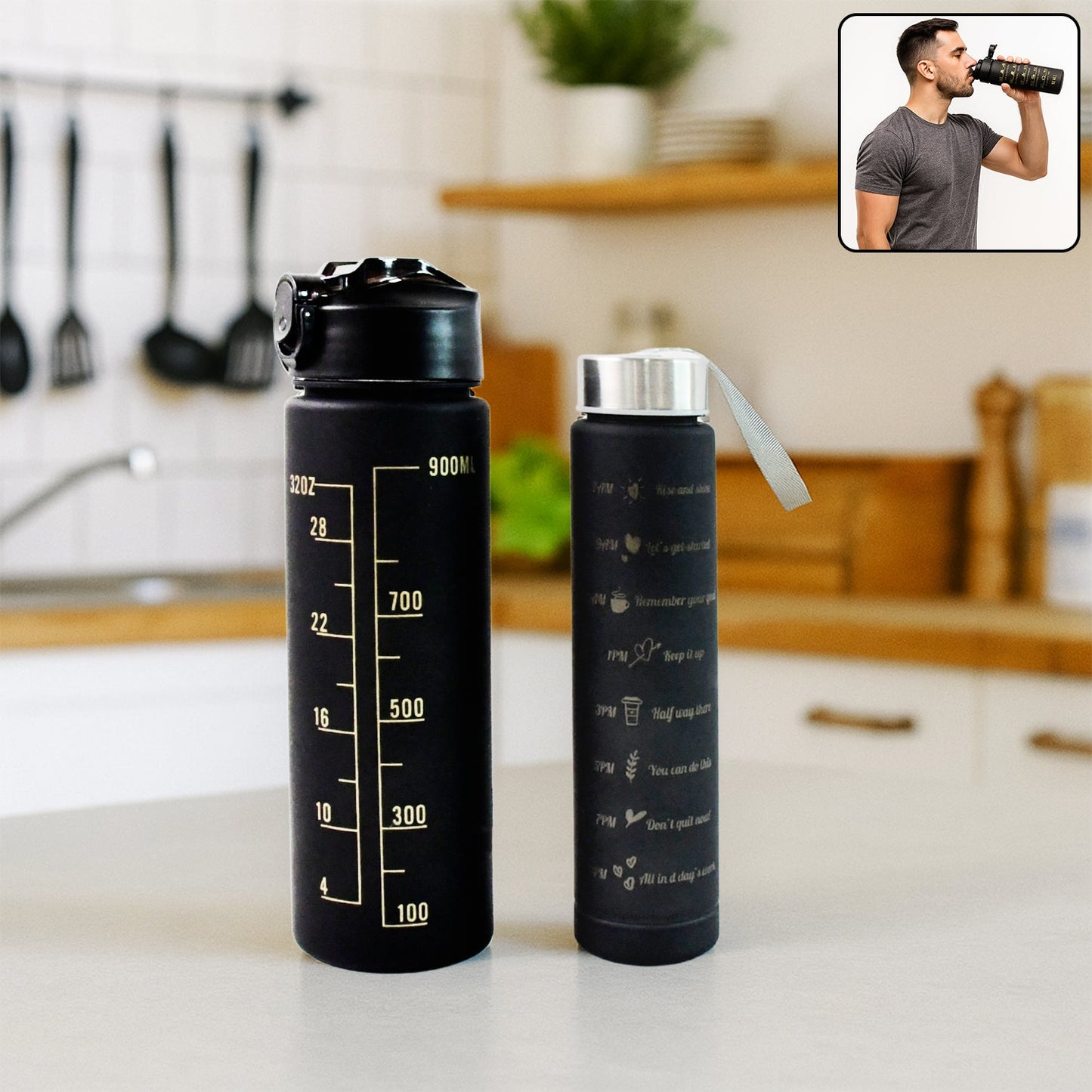 2 Pc Premium Black Motivational Water Bottle Set (900 ML + 300 ML)